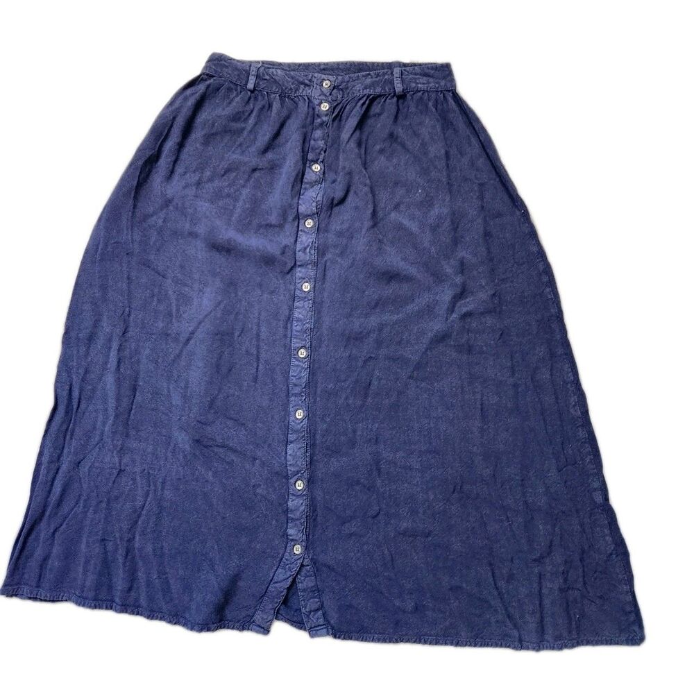 Wednesday’s Girl Women Small Blue Button Front Midi Skirt Boho Flowy Viscose GUC